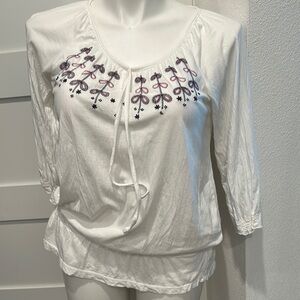 Izod White Blouse with Pink and Purple Embroidery